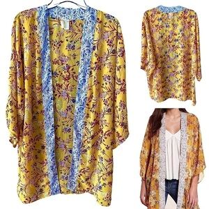 Japna Kimono Topper Yellow Floral Top Boho Open Front Mixed Print Women’s Sz L
